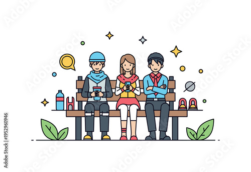 Cosplay park meetup shown as costumed characters sitting on a bench with small prop accessories beside them, expressing relaxed social interaction and hobby