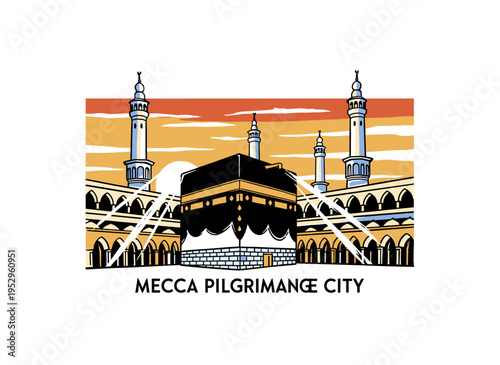 Mecca pilgrimage city artwork. Kaaba holy masjid design. Saudi Arabia travel poster. Islamic landmark vector graphic. Hajj and Umrah design.