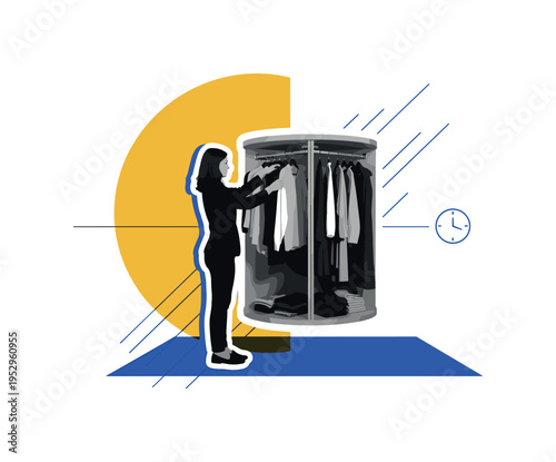 Black and white side view of a person selecting clothes from a rotating closet carousel, layered paper collage look with white outline around the figure and