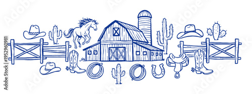 Western ranch vintage artwork for tshirt. Cowboy life graphic for apparel. Texas farm landscape. Wild west elements design. Horse and barn sketch.