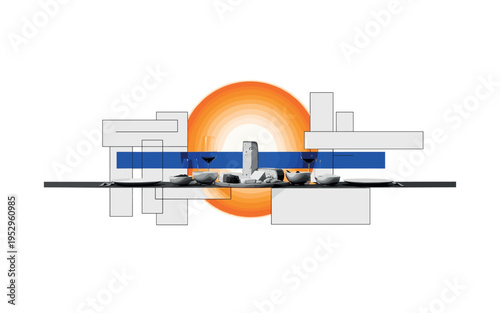 Black and white elegant table setting with central cheese platter and small bowls, bright orange circular halo behind the arrangement and blue horizontal equal