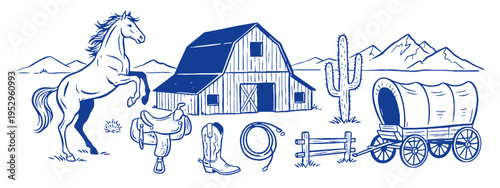 Wild West cowboy vintage artwork. Ranch life illustration for t shirt. Horse and barn desert landscape. Western gear and wagon graphic. Outdoor design