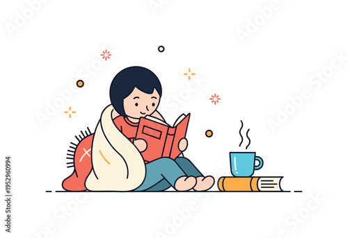 Cozy bookworm wrapped in a small blanket while reading near a simple mug expressing comfort and relaxation through literature. Soft decorative dots enhance the