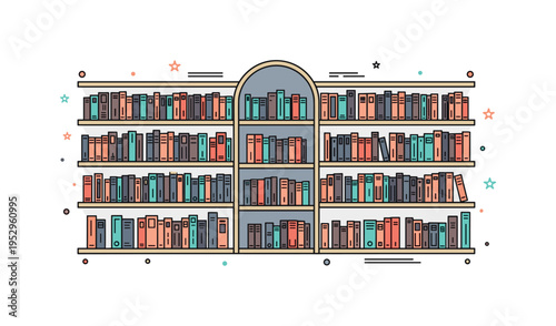 Historic library bookshelf theme illustrated by tall narrow shelves packed with uniform book spines and a subtle arch detail above, conveying grandeur and