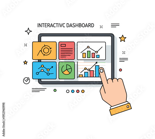 Interactive dashboard touchscreen theme showing a tablet with colorful data widgets and a fingertip selecting a chart element, expressing real time control and