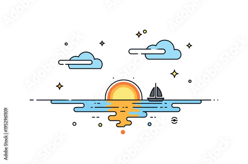 Summer evening shoreline glowing sun reflected in smooth water with a tiny sailboat silhouette and soft drifting clouds, expressing freedom and peaceful