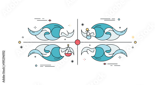 Minimal ocean balance concept shown as perfectly mirrored wave shapes on both sides of a central axis, expressing symmetry and mindful equilibrium. Subtle star