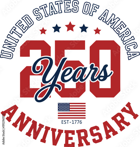 Usa 250 years anniversary celebration emblem with american flag and stars