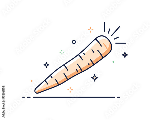 Sharp taste sensation illustrated by a stylized horseradish root with subtle radial lines and tiny sparkle accents suggesting its powerful aromatic kick. A