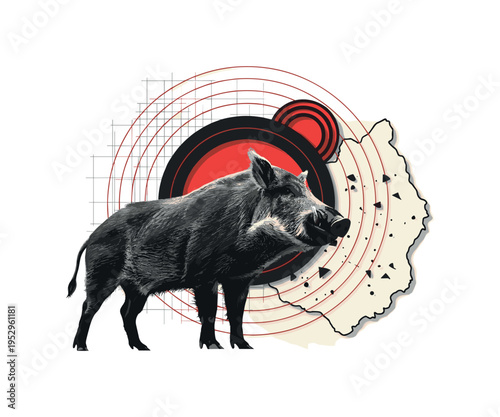 black and white feral hog viewed from low angle to emphasize power, combined with concentric red and black circles radiating energy, subtle grid overlay and