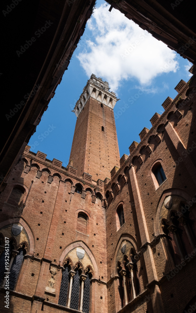Fototapeta premium Upward view of Torre del Mangia from Palazzo Pubblico courtyard