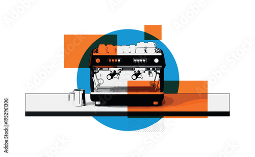 black and white espresso machine integrated into bar counter, oversized and centered with blue circular halo and orange abstract blocks overlapping edges, thin