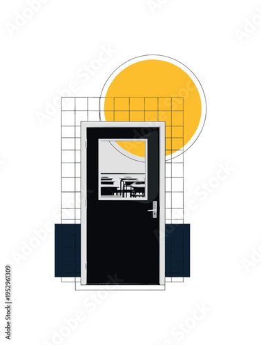 Black and white classroom door with a small window showing silhouettes of desks inside, oversized bold yellow circle as symbolic sun of learning, dark navy