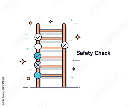 Unsafe ladders inspection checklist concept illustrated by a ladder with small check and cross icons marking safe and unsafe points, expressing evaluation and