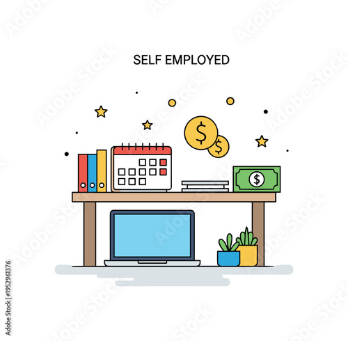 Self employed professional lifestyle scene centered on a tidy desk with laptop, calendar, and payment icon, symbolizing autonomy and direct income management.
