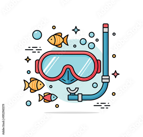 Tropical paradise snorkeling adventure illustrated by a simple diving mask paired with small tropical fish and soft bubble accents. The composition conveys