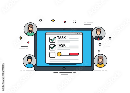 Online project management meeting with a central screen displaying a task checklist and progress indicators symbolizing structured workflow in remote teams.