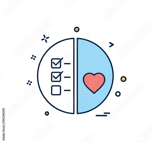 Task emotional tagging work life balance idea illustrated by a split circle badge combining a checklist icon on one side and a small heart symbol on the other.