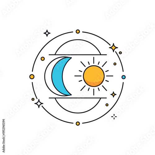 Celestial harmony symbol shown as a crescent moon and radiant sun balanced within a circular frame, representing duality and universal equilibrium. Tiny star