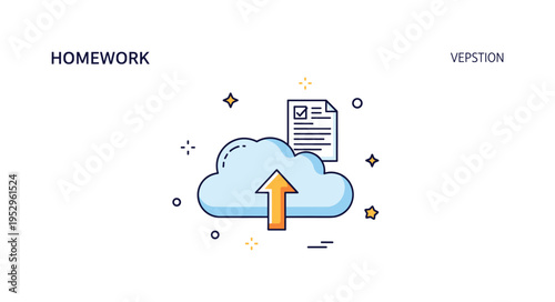 Digital homework submission system centered on a cloud with an upload arrow and small assignment document icon, expressing streamlined workflows and paperless