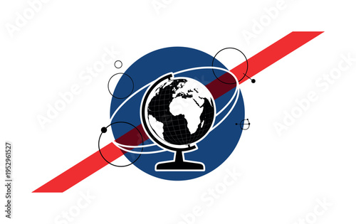 Black and white globe resting on a simple stand, bold deep blue circular halo behind the globe, sharp red diagonal stripe suggesting movement and
