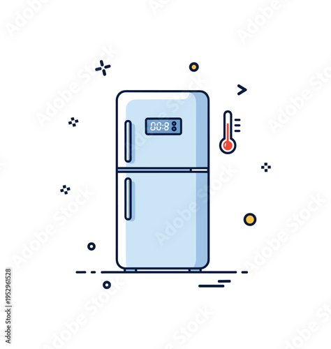 Smart refrigerator concept featuring a sleek fridge silhouette with a small digital display and temperature icon symbolizing energy efficiency and modern