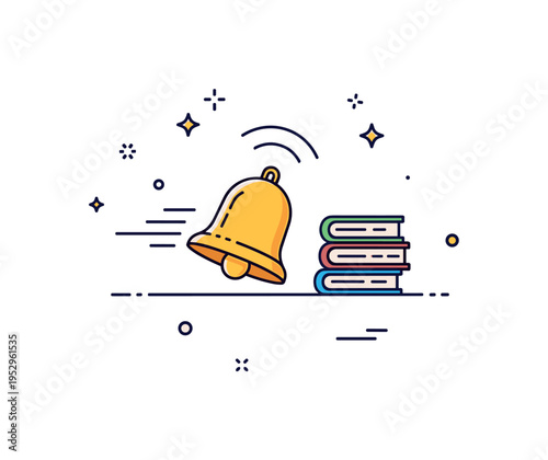 School bell end of day concept illustrated by a ringing bell icon accompanied by a small book stack and subtle motion lines. A calm and satisfying badge