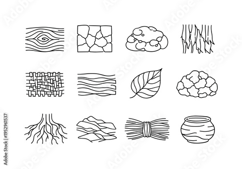 Rustic Organic Surfaces. Minimalistic set one-line drawing rough wood grain, cracked clay tile, moss-covered stone, bark peel pattern, natural fiber weave,