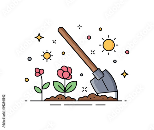 Spring soil cultivation with a hoe placed beside blooming sprouts and subtle sun accents, expressing renewal and seasonal growth. The visual suggests optimism