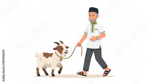 Muslim Man Leading Goat for Eid al-Adha Sacrifice