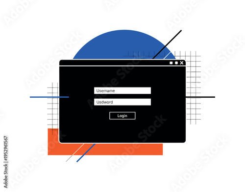 Black and white wireframe login screen enlarged as central element, bold blue semicircle framing the top and orange rectangular block grounding the bottom,