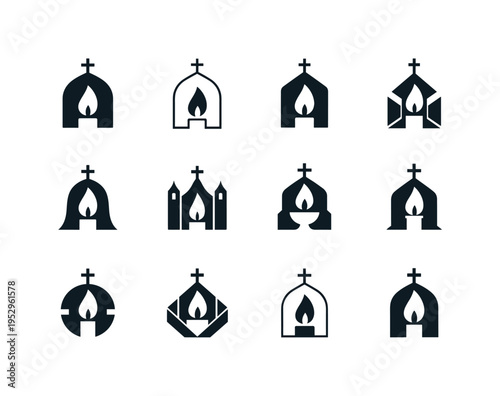 church festivals. Icon set. Set Logo of church festivals: candle flame. harmonious logo variations of the same emblematic concept, each with different artistic