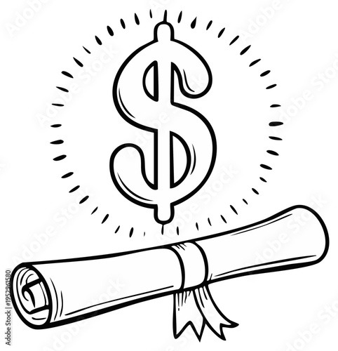 Diploma with a large dollar sign above symbolizing financial reward for education