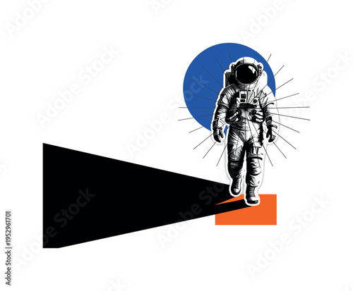 Black and white full-body astronaut walking forward with strong shadow beneath, large cobalt blue circle partially hidden behind the upper body, orange