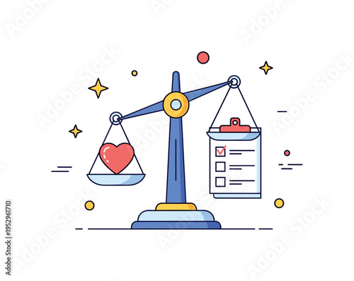 Self evaluation process centered on a balanced scale with a heart and checklist icon, symbolizing fairness, objectivity, and compassionate self assessment. A