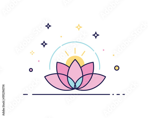 Awakened state symbol stylized lotus flower with glowing center and soft aura lines, representing growth, enlightenment and spiritual renewal. Minimalist flat