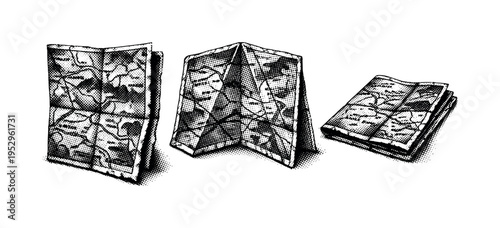 Old map detail view ? An old paper map presented as one object in three folded or angled views, emphasizing creases, edge irregularities, and dense printed