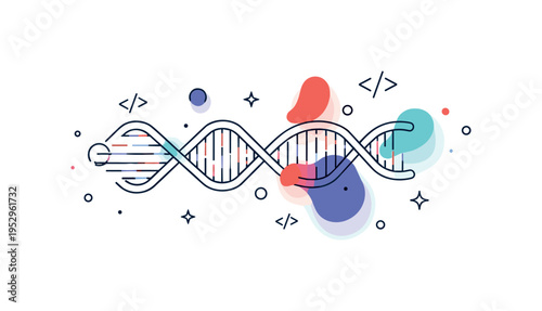 Algorithmic design evolution concept with a DNA like spiral morphing into abstract artistic shapes, expressing the creative potential embedded in code and