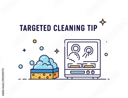 Kitchen deep cleaning tip illustrated by a sponge and soap bubbles placed near a simple stovetop outline, expressing targeted cleaning and daily maintenance.