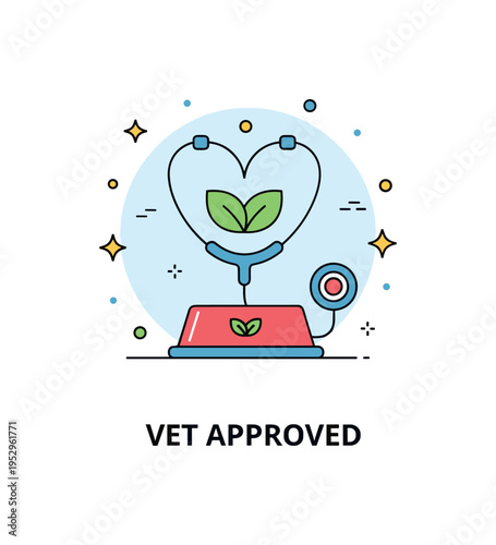 Plant based pet food veterinary recommendation concept featuring a minimal stethoscope forming a heart shape around a pet bowl with leaf accents, expressing