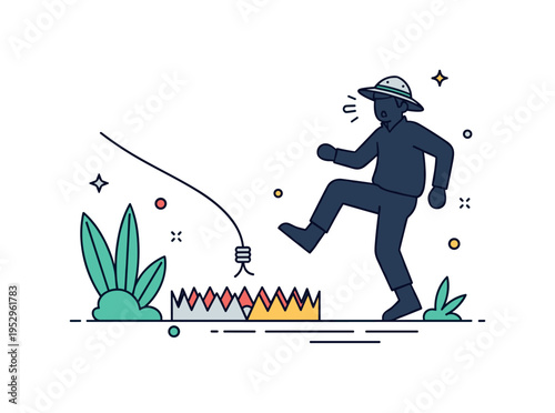 Explorer caught in jungle trap depicting a raised snare line lifting one foot of a surprised silhouette, capturing sudden movement and risk in a wild setting.