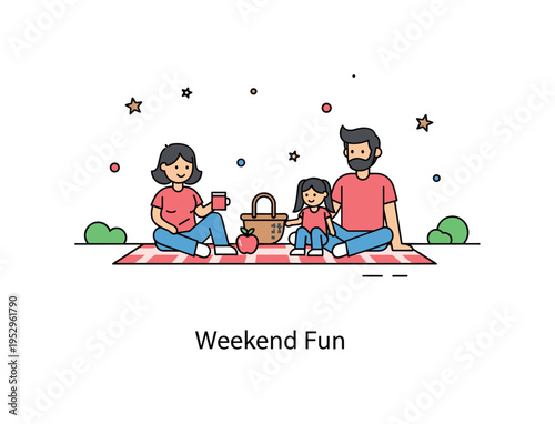 Children and parents family picnic moment featuring two figures seated on a blanket with a small basket and apple icon between them, expressing relaxation and