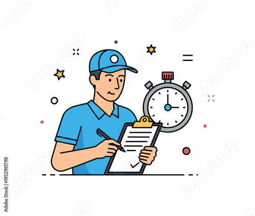 Athletic performance evaluation concept featuring a coach with clipboard next to a small stopwatch icon, conveying timing, assessment, and constructive