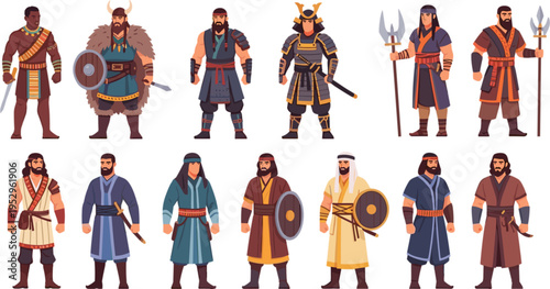 Large vector collection of diverse historical warrior characters including samurai viking gladiator and ancient soldiers
