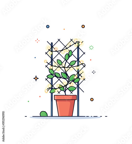 Evening patio glow small climbing plant on a trellis wrapped in glowing string lights with tiny spark accents, expressing cozy terrace atmosphere and soft