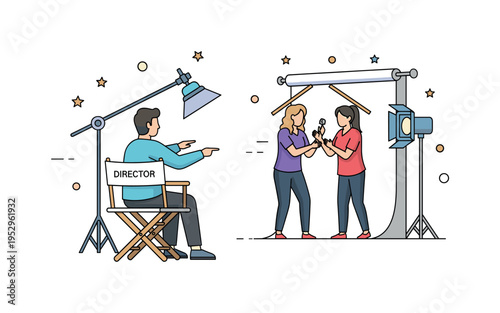 Behind the scenes filmmaking moment showing a director seated in a folding chair labeled Director while gesturing toward two actors rehearsing a dramatic