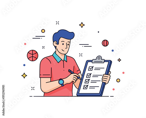 Sports coach reviewing training plan with a clipboard and small checklist marks, expressing strategy, preparation, and focused improvement. A clean editorial