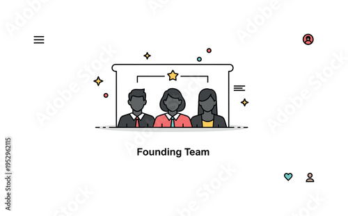 Startup pitch presentations team introduction concept showing three aligned silhouettes beneath a simple presentation slide, expressing collaboration and