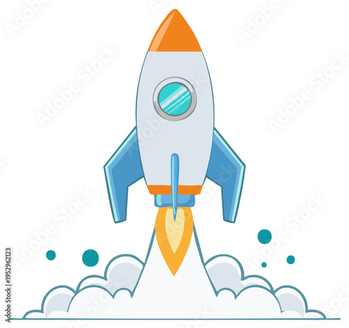 Cartoon rocket ship launching from clouds of smoke for a business startup concept