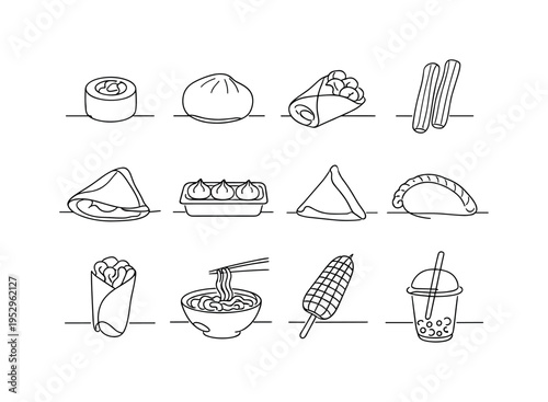 Global Street Snacks. Minimalistic set one-line drawing sushi roll, bao bun, falafel wrap, churros stick, crepe folded, dumplings in tray, samosa triangle,
